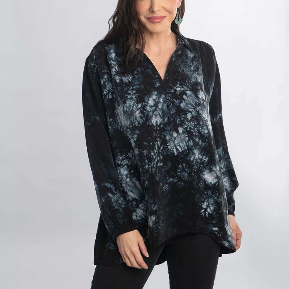 Luna Luz 100% Cupro Valentina Tie Dye Womens Tunic Top Navy Cloud Wash Sz Large